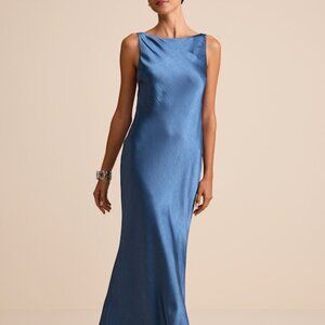 Lulus Janita Slate Blue Satin Sleeveless Cowl Back Maxi Dress - Size XS